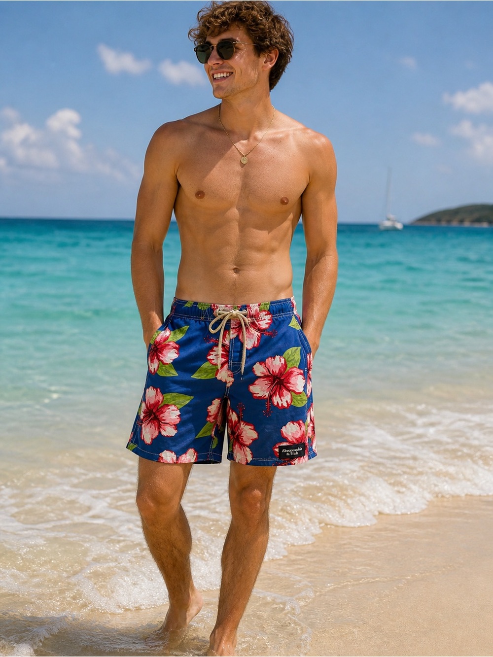 Abercrombie & Fitch Blue Hawaiian Floral Print Unlined Swim Trunks Size Large